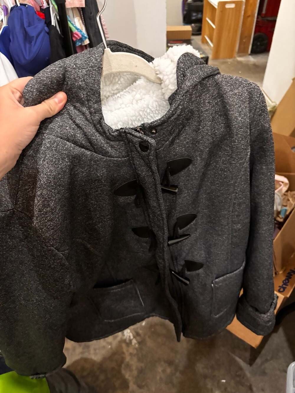 JiangWu Women's Charcoal Grey Fleece Toggle Jacket with Sherpa Lining